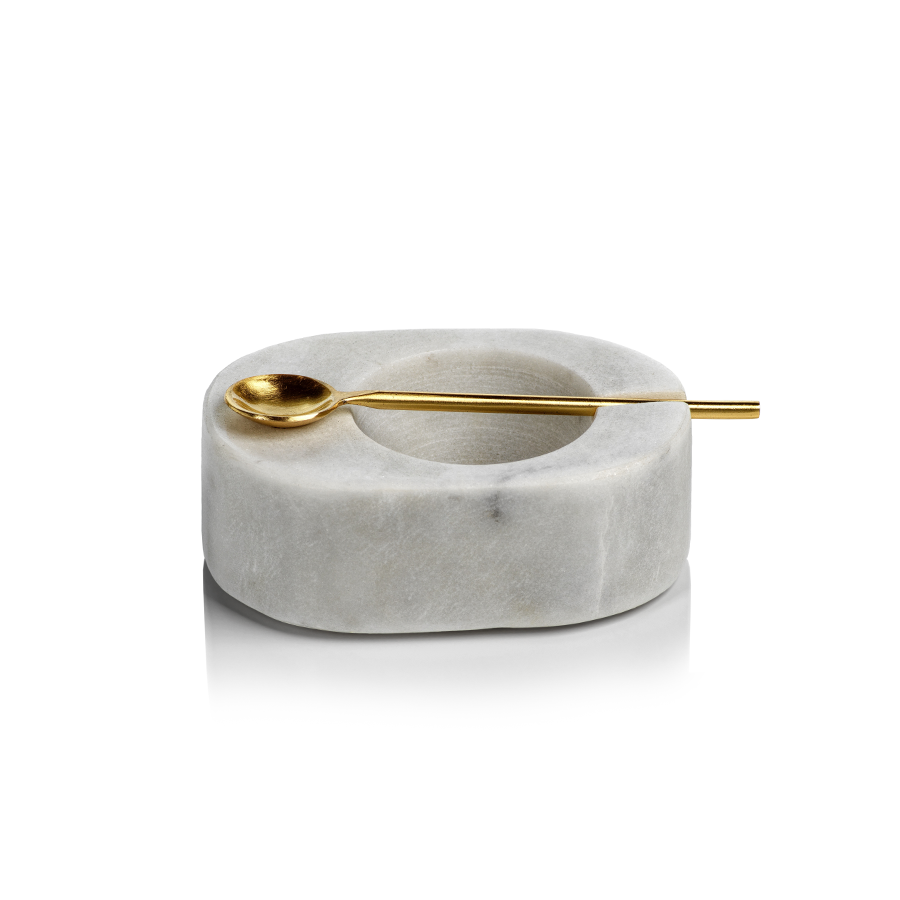 TUSCAN MARBLE SALT AND PEPPER BOWL WITH GOLD SPOON - WHITE