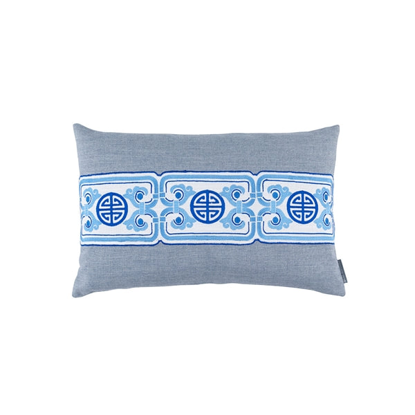 ORIENTAL CHAIN SM RECT PILLOW BLUE LINEN WHITE/BLUE EMBROIDERY 14X22 (INSERT INCLUDED)