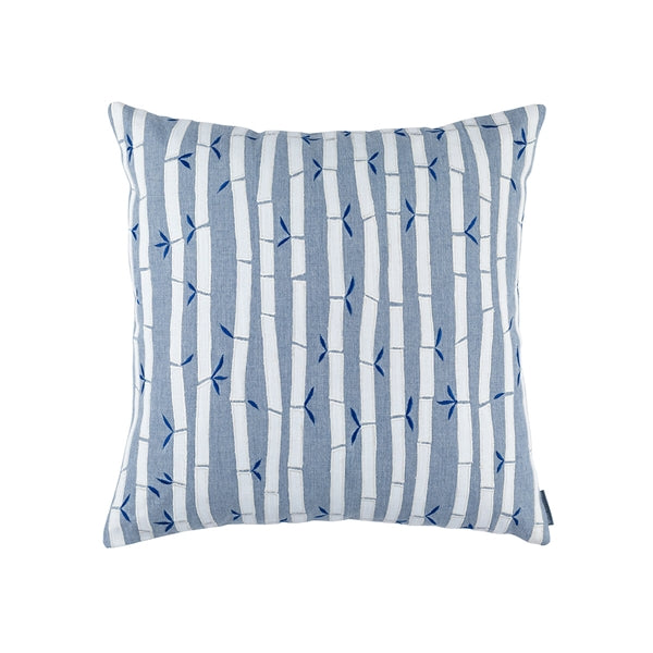ORIENTAL BAMBOO SQUARE PILLOW BLUE LINEN WHITE/BLUE EMBROIDERY 24X24 (INSERT INCLUDED)