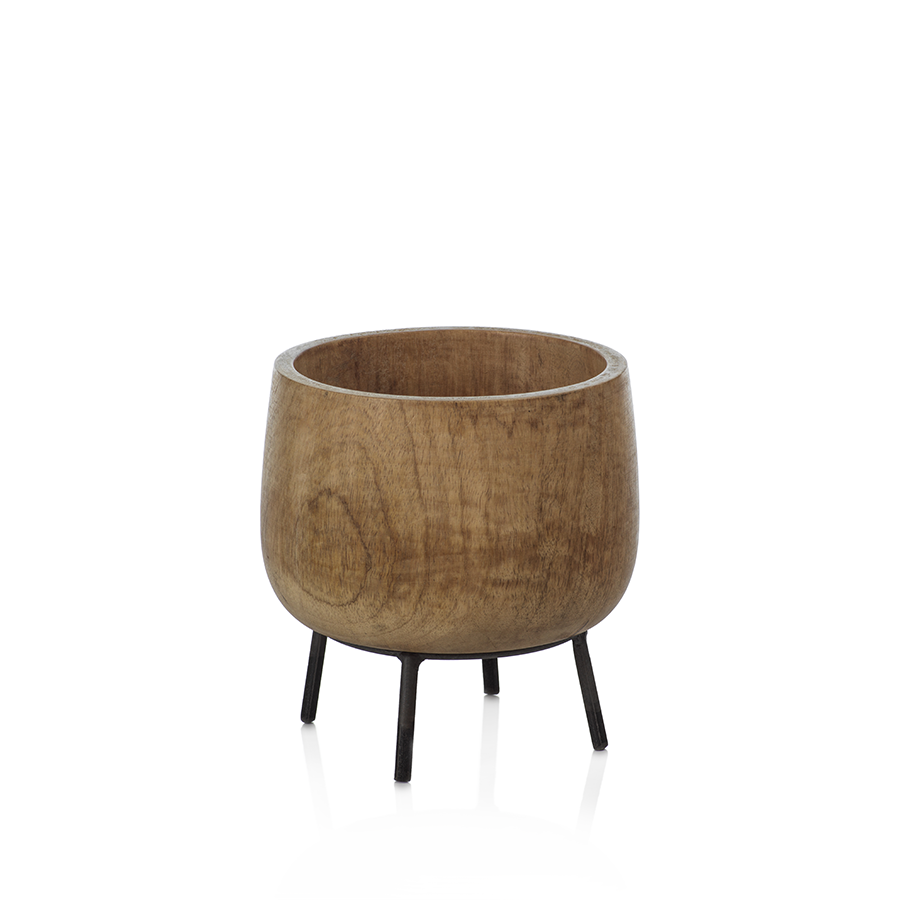 MANGO WOOD BOWL ON METAL STAND - SMALL